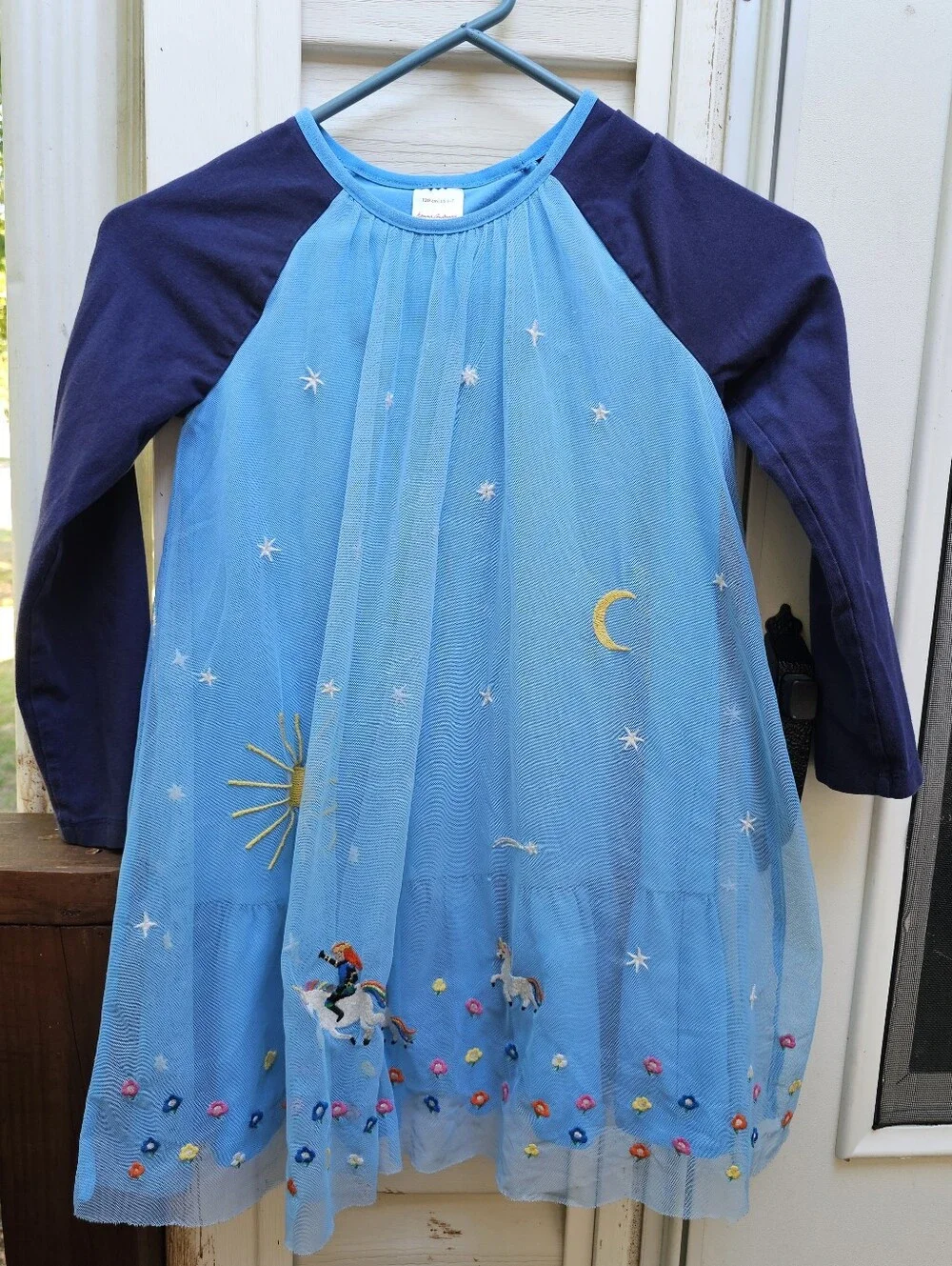 Tulle Embroidered Princess Dress Blue Girls Sz 6/7 Knight Unicorn Stars Flowing